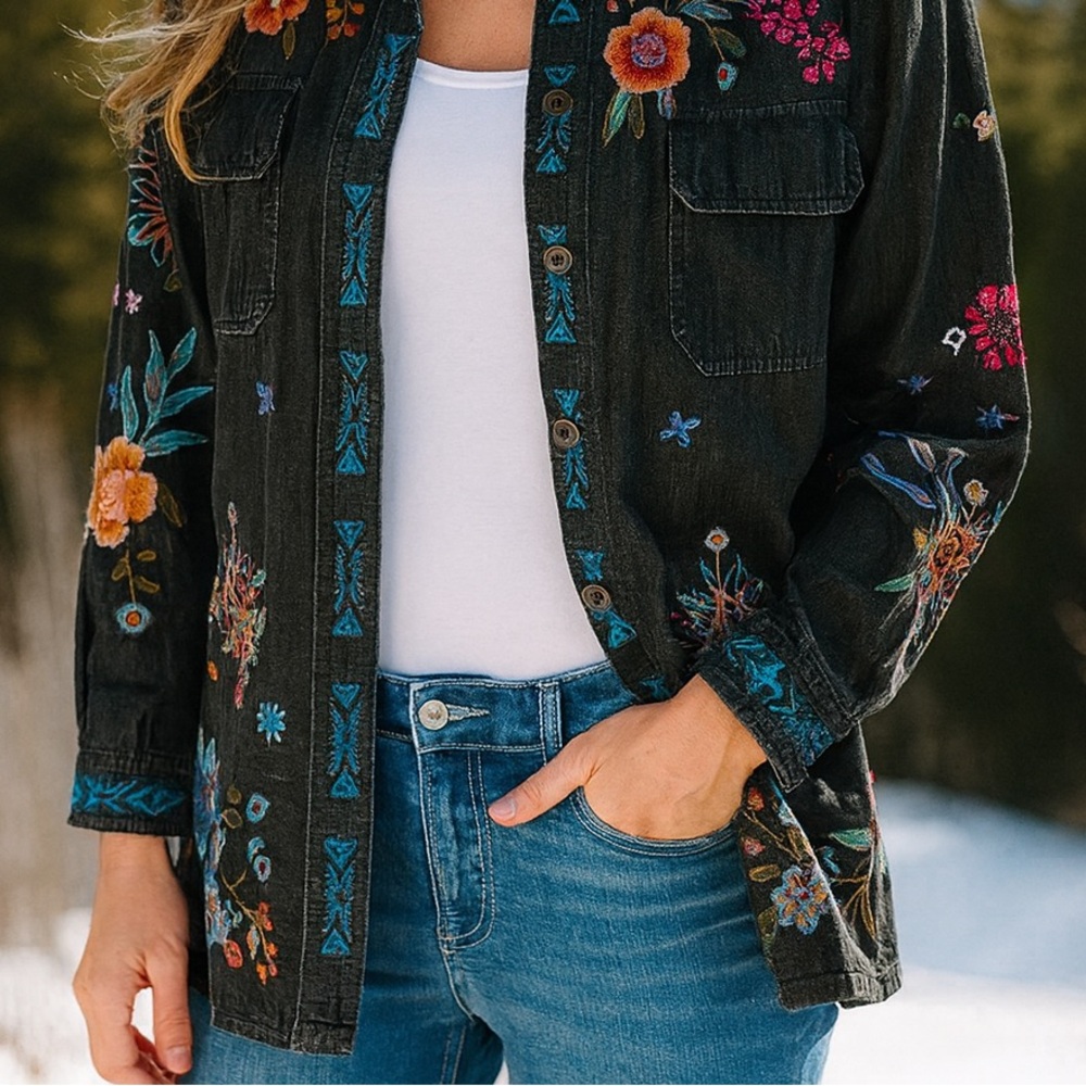 NWT - Johnny Was Black Francisca Floral Embroidered Shirt - PRICE IS FIRM - Picture 11 of 14